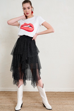 Pleated Asymmetric Cut Tulle Skirt