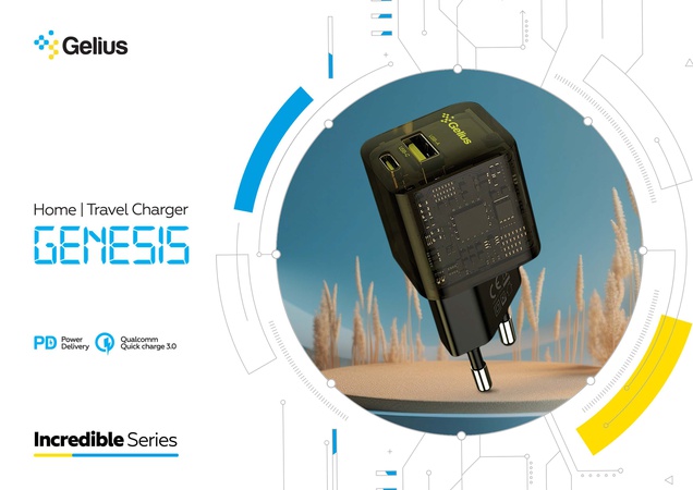 Duvar şarj cihazı Gelius Incredible Series Genesis USB + Type-C 30W GaN Şeffaf Siyah