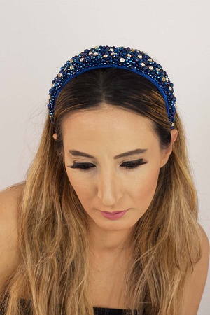 Bijusel El işlemesi Kristal Parlak Boncuklu Sax Mavi Kadife Kalın Taç