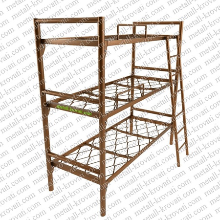 Кровать металлическая трехъярусная усиленная с лестницей и ограничителем сетка прокатная пружина ‘КТ-5’