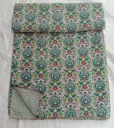 Ethnic Bohemian Drom Home Decor Pan Design Hand Stitching Reversible Block Printed Kantha Work Bed Throw,Wall Decor, Bedding,Quilt,Bed Cover
