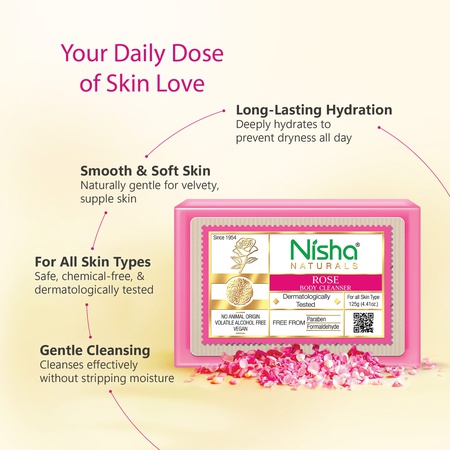 Nisha Rose Body Cleansing Soap Bar 125g – Paraben Free, Vegan, Gentle Cleanse for Soft & Supple Skin, Suitable for All Skin Types, Men & Women