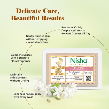 Nisha Jasmine Body Cleansing Soap Bar 125g – Paraben Free, Vegan, Gentle Cleanse for Soft & Supple Skin, Suitable for All Skin Types, Men & Women