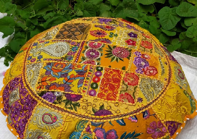 Patchwork Büyük Yer Minderi Yuvarlak Yastık Kılıfı Bohem Osmanlı Puf Ev Dekoratif Yer Yastığı Dekoratif Sarı Meditasyon Minderleri