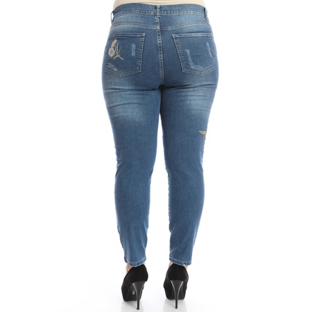 Büyük Beden Nakışlı Spor Kot Pantolon