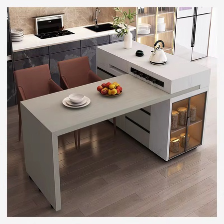Kitchen island with pull-out table and storage drawers