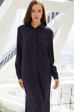 Платье с накладными карманами и разрезами темно-синее