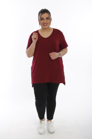 Büyük Beden V Yaka Basic Yırtmaçlı T-Shirt - Bordo (1)