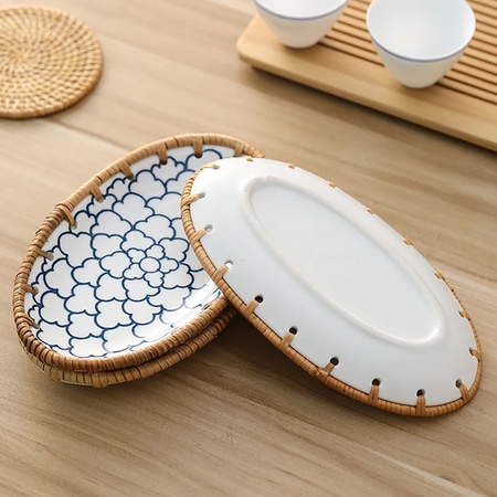 Керамический и ротанговый поднос ручной работы, сервировочный поднос, декор стола