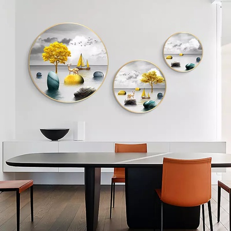 Lüks Ev Dekorasyonu Baskılar Ev Modern Tablolar 3 Parça Dekoratif Asya Tarzı Yuvarlak Duvar Sanatı Çerçeveli