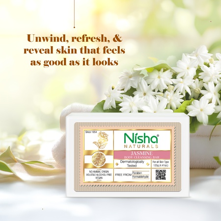 Nisha Jasmine Body Cleansing Soap Bar 125g – Paraben Free, Vegan, Gentle Cleanse for Soft & Supple Skin, Suitable for All Skin Types, Men & Women