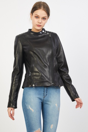 Женская кожаная куртка с застежкой-молнией - Slim Fit