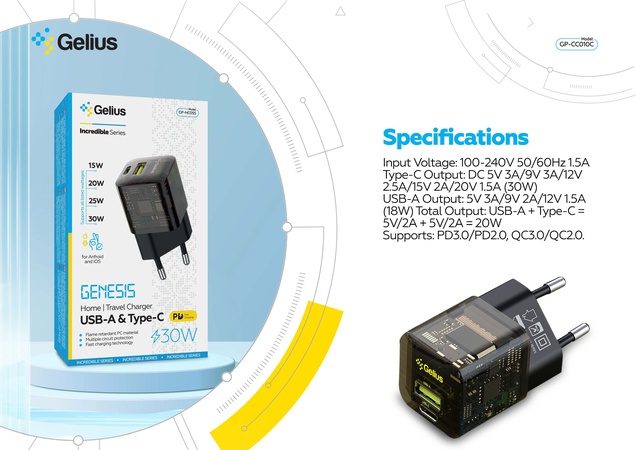 Duvar şarj cihazı Gelius Incredible Series Genesis USB + Type-C 30W GaN Şeffaf Siyah