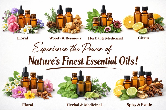 ESSENTIAL OILS (FLORAL, WOODY & RESINOUS, HERBAL &MEDICINAL, CITRUS, SPICY EXOTICS)