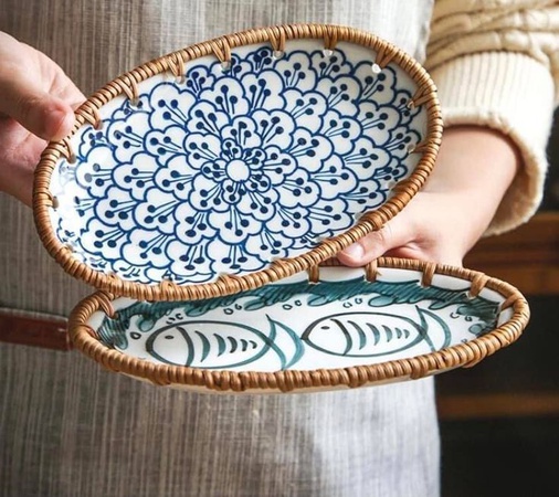 Керамический и ротанговый поднос ручной работы, сервировочный поднос, декор стола