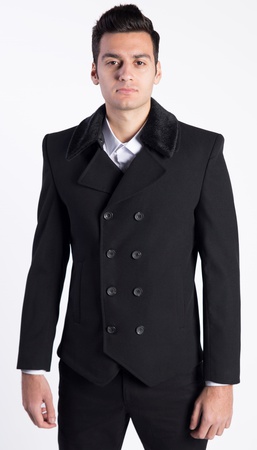 Мужское пушистое двубортное пальто с воротником-каше