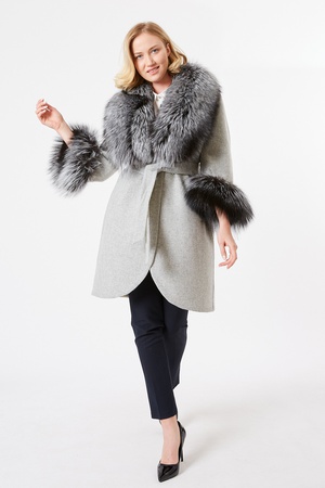 Двустороннее кашемировое пальто / воротник и манжеты Пальто из лисьего меха - свободный крой