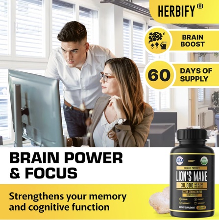 Добавка «Львиная грива» — ежедневная добавка с грибами для памяти, концентрации и ясности мышления — стимулятор работы мозга — капсулы «Львиная грива» для естественной поддержки иммунитета — веганский, органический — 120 капсул