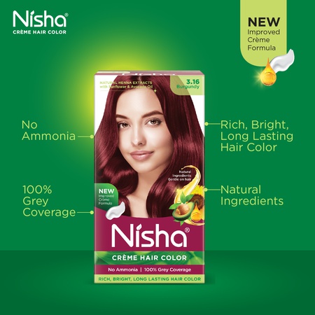 Nisha Creme Hair Color | Permanent Long Lasting Burgundy Hair Dye Color Kit | Burgundy | 4.05 Oz