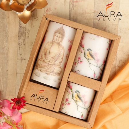 Aura Decor Set из 3-х столбовых спа-свечей с изображением Будды и птицами (3 * 3, 3 * 4, 3 * 6 дюймов)