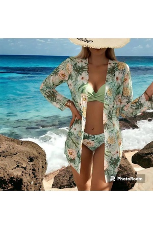 Бикини с цветочным принтом БЫСТРОСУХОЙ купальник из трех частей, комплект бикини с пуш-ап, пляжный купальник с длинными рукавами