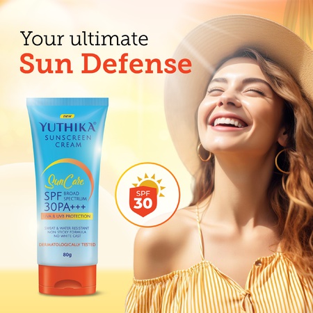 Yuthika Sunscreen Lotion SPF 30 PA+++ 80g High Protection, Non-Greasy Formula, UVA & UVB Protection