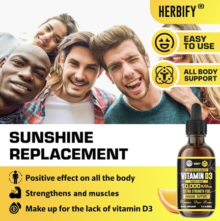Витамин D3 10000 МЕ — сделано в США, капли с жидким витамином D — добавка для укрепления костей и иммунитета — замена солнечному свету — добавка с витамином D3 для костей и зубов — 2 унции