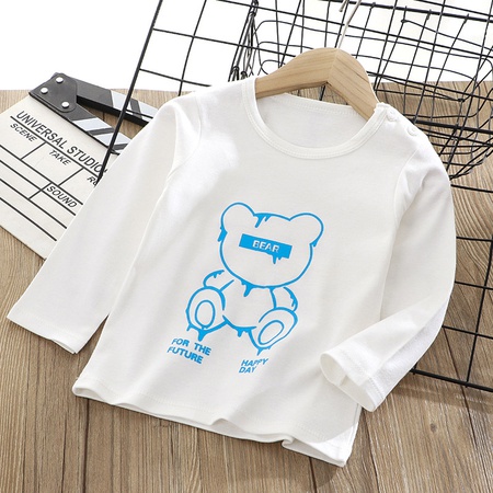 Детская рубашка с принтом Cool Bear, футболка из чистого хлопка, новый весенне-осенний топ для малышей с героями мультфильмов для мальчиков и девочек, однотонный детский топ с длинными рукавами