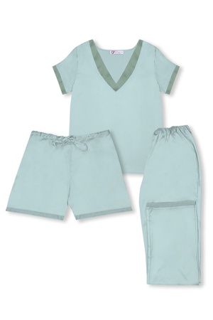 İPEK- ORGANZELİ ÜÇLÜ BAYAN PİJAMA TAKIM -  MİNT