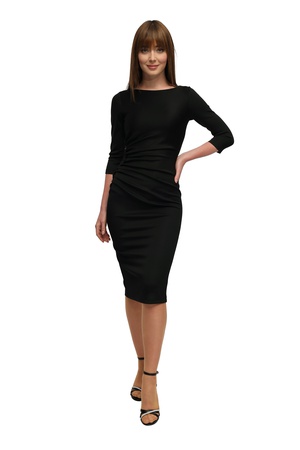 Облегающее платье миди с вырезом лодочкой и кружевным драпированным рукавом три четверти