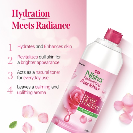 Nisha Refreshing Rose Water For Face 1000ml | Gulab Jal For Face | Skin Toner For Glowing and Hydrating Skin | Makeup Remover| All Skin Types | Face Toner For Women & Men