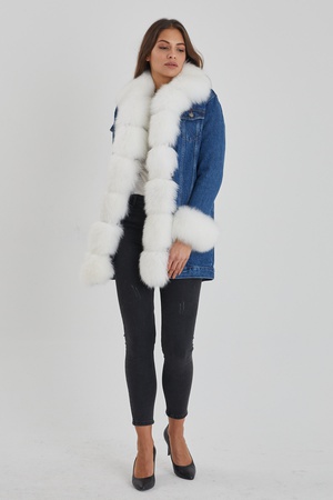 Denim Long Coat - Front, sleeve and collars fox fur