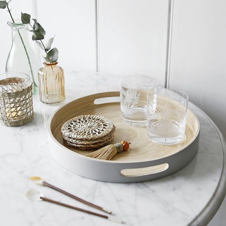 Yeni Tasarım Bambu Servis Tepsisi Vintage Boho Tarzı Bambu Yuvarlak Tepsi