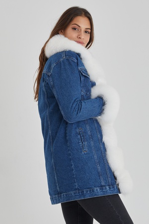 Denim Long Coat - Front, sleeve and collars fox fur