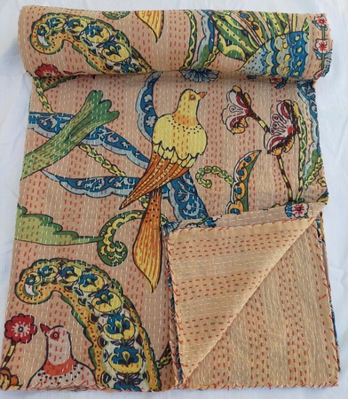 Индийское хлопковое одеяло с изображением птицы, канта, постельное белье, покрывало для дивана, покрывало, одноместный размер, винтажное одеяло ручной работы