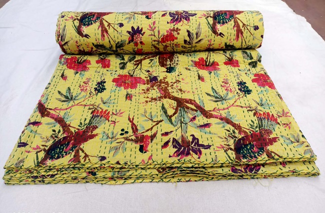 Индийское хлопковое одеяло с изображением птицы, канта, постельное белье, покрывало для дивана, покрывало, одноместный размер, винтажное одеяло ручной работы