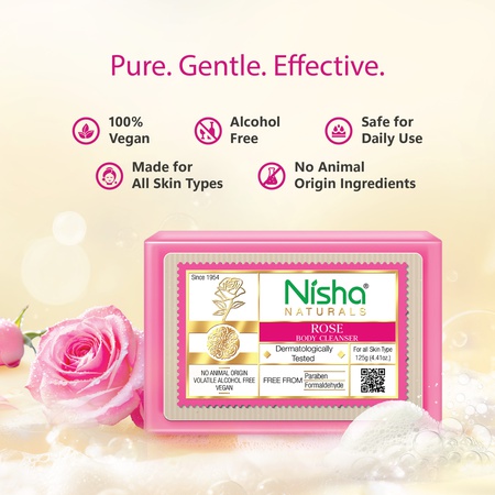 Nisha Rose Body Cleansing Soap Bar 125g – Paraben Free, Vegan, Gentle Cleanse for Soft & Supple Skin, Suitable for All Skin Types, Men & Women