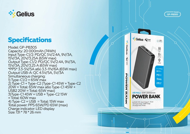Powerbank Gelius von Krazi AIR MAQ2 20000 mAh 65W GP-PB305