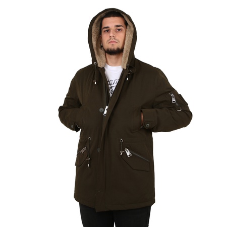 Erkek Yün Kapşonlu Haki Yeşil Mont