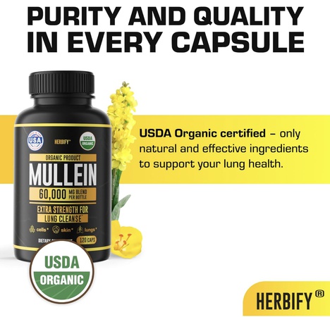 Капсулы с коровяком — очищение лёгких — экстракт листьев — мощный коровяк для поддержки иммунитета, детоксикации и поддержки дыхания — сделано в США — растительные добавки — 120 капсул