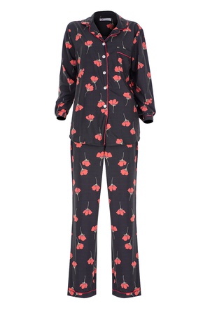 TENCEL - BİYELİ BAYAN PİJAMA TAKIM -SİYAH GELİNCİKLİ