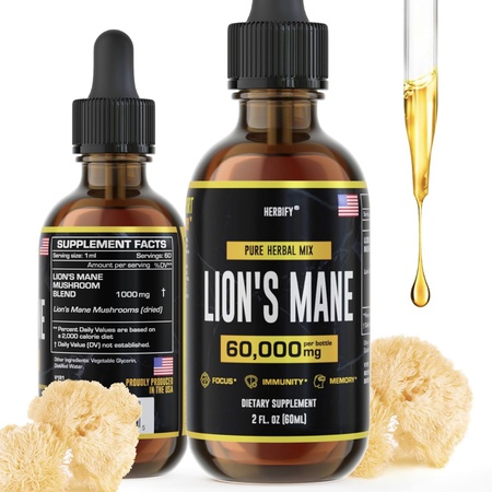 Львиная грива - Добавка с грибом Львиная грива - Настойка Львиная грива - Поддержка иммунитета - Настойка Львиная грива для памяти, концентрации и ясности - Ежедневная добавка с грибом 2 жидких унции