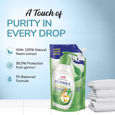 Yuthika Germ Protection Neem Hand Wash liquid Refill 675ml | Antibactirial Handwash with PH balanced Formula