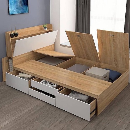 Multi-purpose bed models with shelves, bookcases, cabinets, bedsteads, bunk beds, bed bases