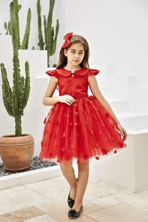 Kızlar için Çiçekli ve Saç Aksesuarlı Kabarık Elbise