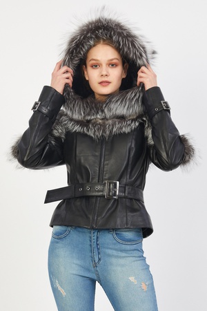 Women Genuine Leather Jacket with Silver Fox Hood - Front, Back and Shoulder Rex Fur Detail  - Slim Fi