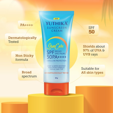Yuthika Sunscreen Lotion SPF 50 PA+++ 80g High Protection, Non-Greasy Formula, UVA & UVB Protection