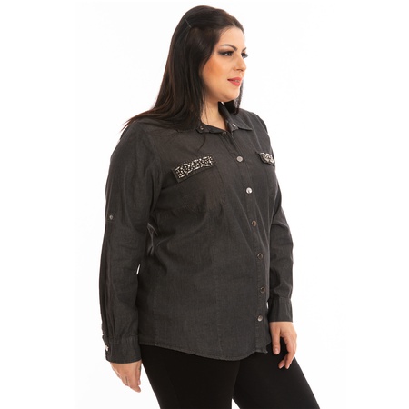 Cep Boncuk İşlemeli Kot Gömlek