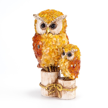 Настольный сувенир с натуральным янтарем "Сова с совенком"