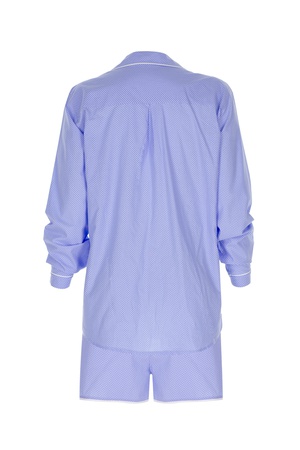 LİNEN -ÇİZGİLİ BAYAN BİYELİ UZUN KOLLU ÜST-ŞORT PİJAMA TAKIM - MAVİ-BEYAZ
